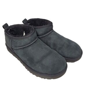 Ugg Womens Ultra Mini Boots Size 10 Suede Leather Shearling Black Cozy Winter